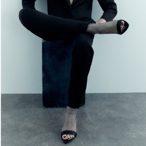 Zara Stretch Mesh Rhinestone Open Toe Stiletto Ankle Booties - Picture 7 of 14